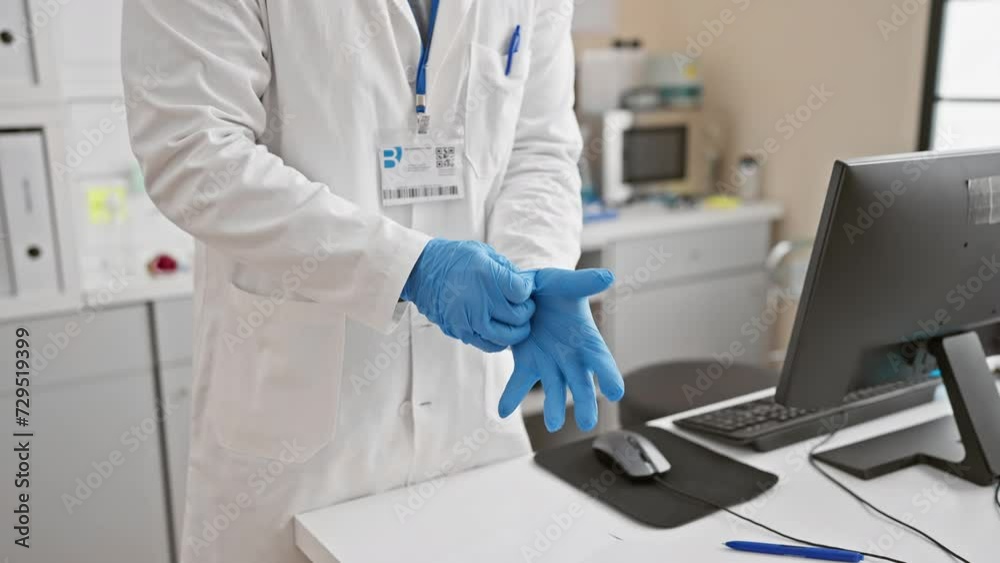 Asian man in lab coat putting on gloves at computer workstation in laboratory Asian man in lab coat putting on gloves at computer workstation in laboratory