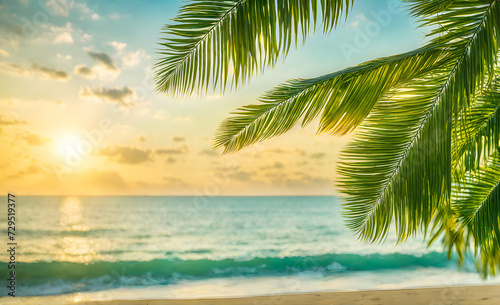 Serene summer beach scene with palm leaves, sand, and sea © karandaev