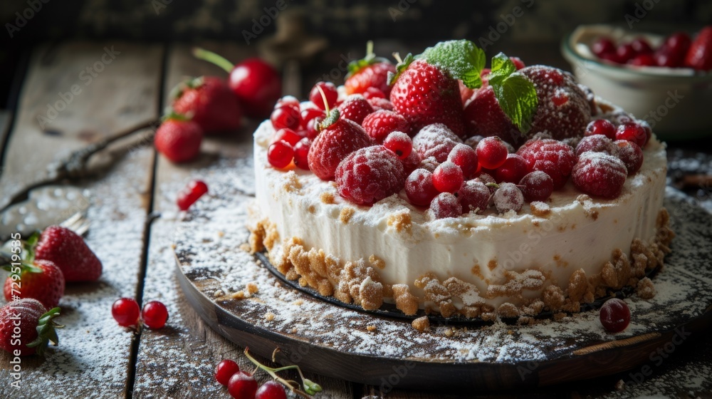 A cake topped with raspberries and powdered sugar A cake topped with raspberries and powdered sugar