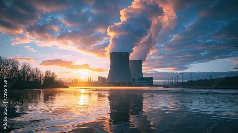A nuclear power plant on the background of the sky by the river. The power plant's silhouette adds drama to the scenic river landscape.