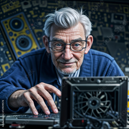cheerful old man is trying to fix an old computer that is falling apart