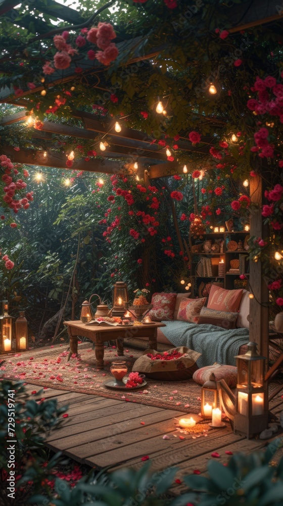 A patio with a lot of flowers and candles