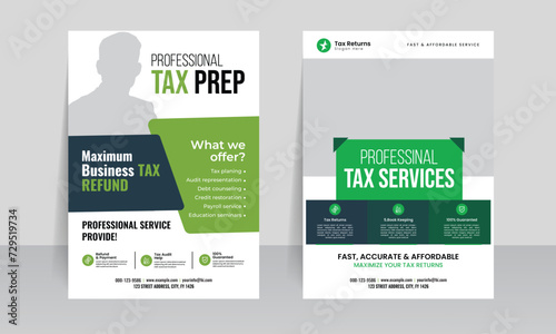 business tax refund flyer template with tax service poster leaflet layout design vector illustrator.  photo