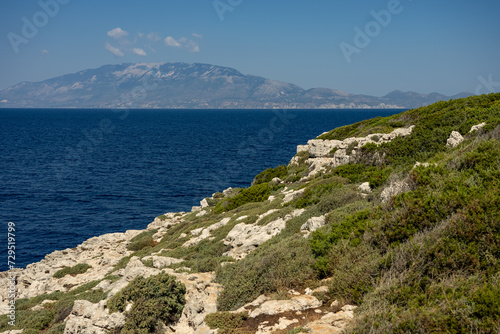 Greece, Zakynthos, Road to skinari lighthouse at zakynthos island north cape. Cape Skinari With Views Across The Sea To Kefalonia, Zakynthos