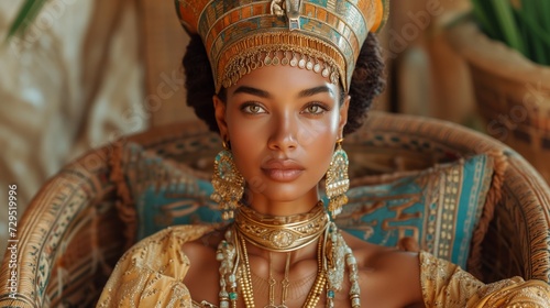 Beautiful model in the egyptian outfit sitting on a chair, white and bronze, portrait photography