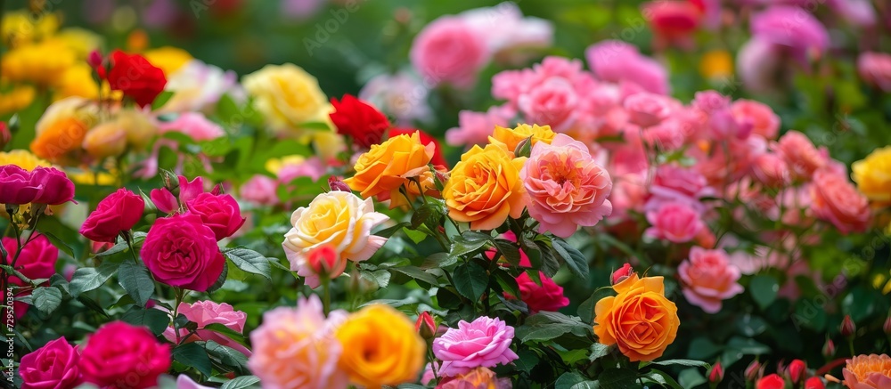 Immerse Yourself in the Charm of a Stunning Flower Garden - A Vibrant Display of Blooming Roses Amidst Tranquil Nature