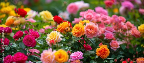 Immerse Yourself in the Charm of a Stunning Flower Garden - A Vibrant Display of Blooming Roses Amidst Tranquil Nature