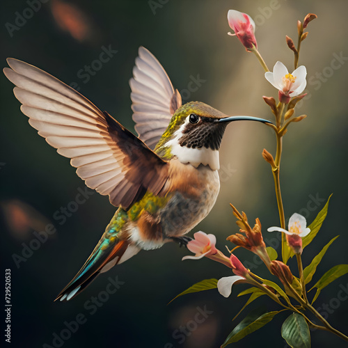 beautiful hummingbird flying near pink flower against green background. painting style. close up. Ai generated © anakondasp