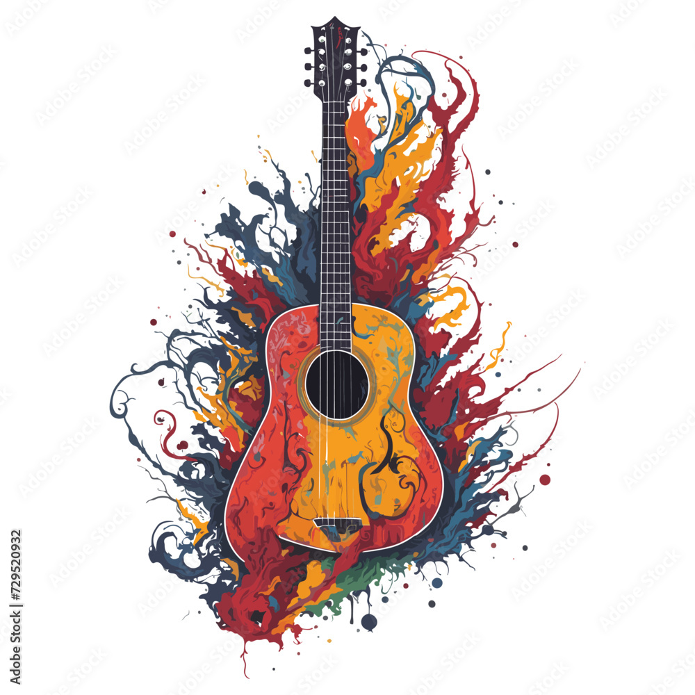 A colorful painting of a grand guitar illustration. guitar colorful abstract colourful draft entertainment symbol classical poster line grand