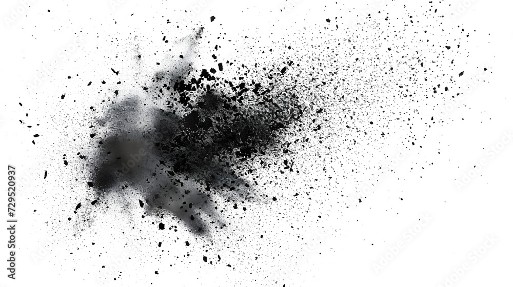 Black chalk pieces and dust flying, effect explode isolated on white - obrazy, fototapety, plakaty 