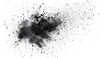 Black chalk pieces and dust flying, effect explode isolated on white