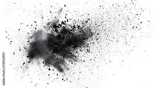 Black chalk pieces and dust flying, effect explode isolated on white photo