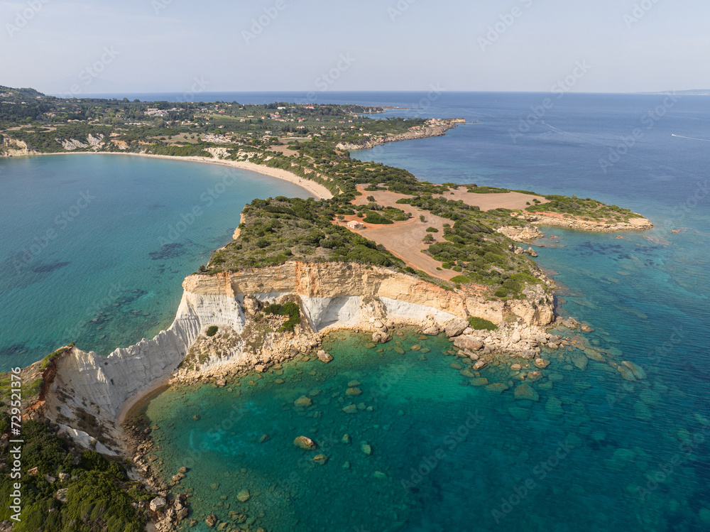 Aerial drone view of Vasilikos Gerakas beach in Zante, Zakynthos. Jason's bite on Zakinthos island, Greece. Gerakas Beach. Zakynthos, at Cape Gerakas in Greece. Aerial drone view of Vasilikos Gerakas beach in Zante, Zakynthos. Jason's bite on Zakinthos island, Greece. Gerakas Beach. Zakynthos, at Cape Gerakas in Greece.