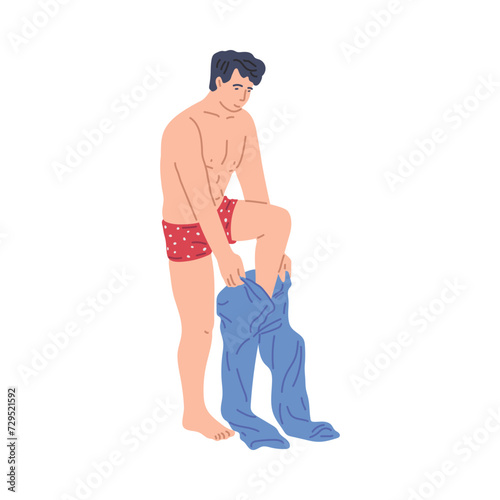 Young man wearing a blue trousers, cartoon person dressing or changing apparel, putting on clothes vector illustration