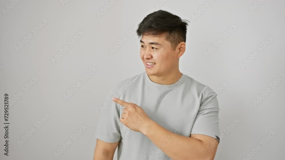 Joyful young chinese man pointing to the side, full of hope and cheer, standing isolated on white background, dressed in a t-shirt, smiling Joyful young chinese man pointing to the side, full of hope and cheer, standing isolated on white background, dressed in a t-shirt, smiling