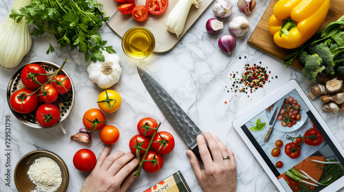 A detailed flat lay of culinary education tools including a chefs knife fresh ingredients recipe books and a digital tablet displaying a cooking tutorial on a marble countertop. photo