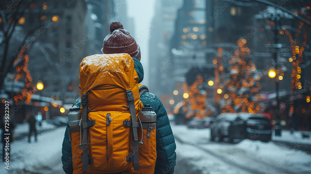 Backpacker man walking in city background in winter