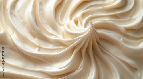 close up of a swirl of white frosting on a beige back