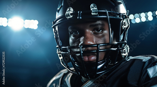A dramatic portrait of a football player in full gear helmet off staring intently into the camera under stadium lights. photo