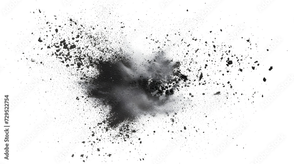 Black chalk pieces and powder flying, explosion effect isolated on white