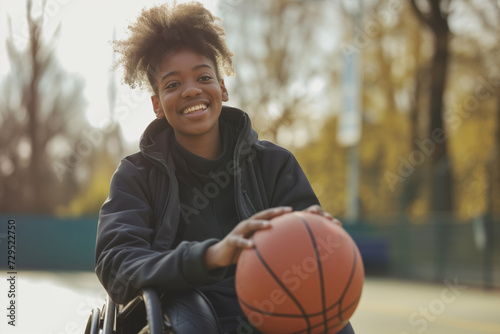 A disabled girl in a wheelchair holds a basketball on a basketball court and smiles, sports for the disabled