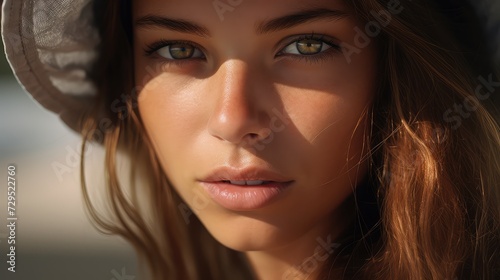 Close-Up of a Young Woman’s Face in Light Gray and Bronze Tones