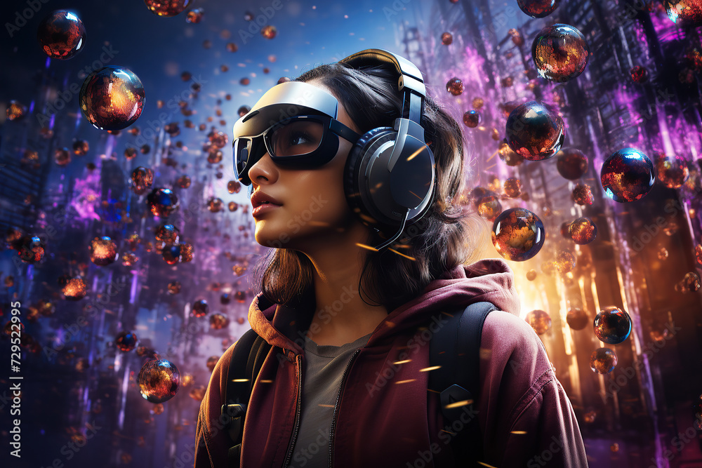 generated illustration of Young woman with a MR headset and experiencing virtual reality