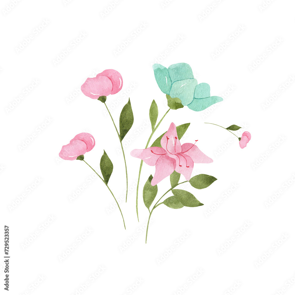 Watercolor bouquet of pink and blue flowers. Hand drawn isolated illustration. Lilly flowers. Watercolor bouquet of pink and blue flowers. Hand drawn isolated illustration. Lilly flowers.