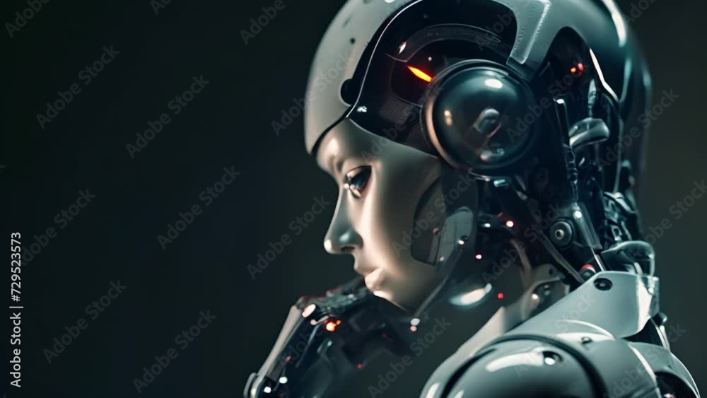 Female Cyborg thinking pose on dark background. 4k Video footage Female Cyborg thinking pose on dark background. 4k Video footage