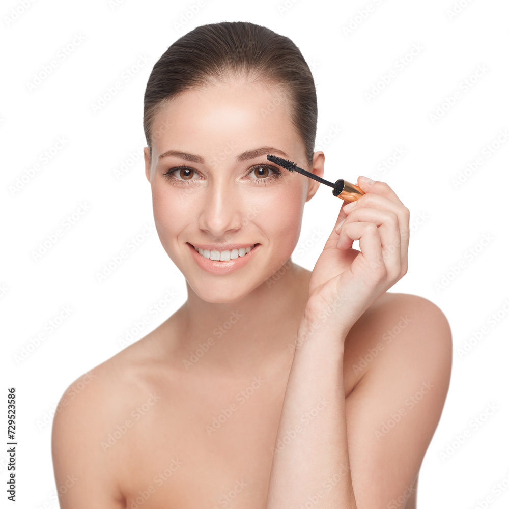 Mascara, brush and woman in portrait with makeup for beauty, cosmetic product for lashes and volume on white background. Wand for eyelash extension, glow with change or transformation in studio