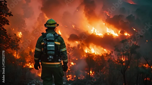 Fire fighter work with Wildfires. Natural Disasters. 4k Video footage photo