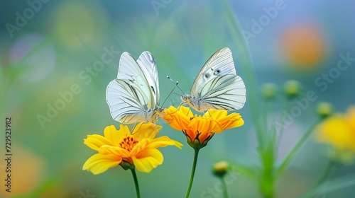  A couple of butterflies sucking fresh nectar on a bright yellow flower