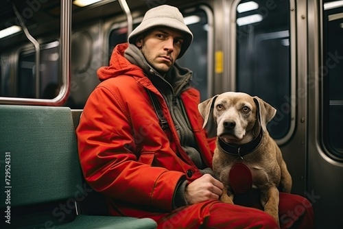 Stoic Man in Red Jacket with His Loyal Dog Companion Riding the Subway Together