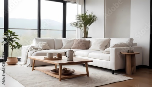 Rustic coffee table near white fabric sofa against window. Japandi style home interior design of modern living room