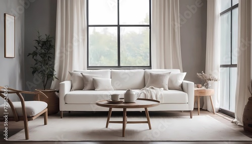 Rustic coffee table near white fabric sofa against window. Japandi style home interior design of modern living room