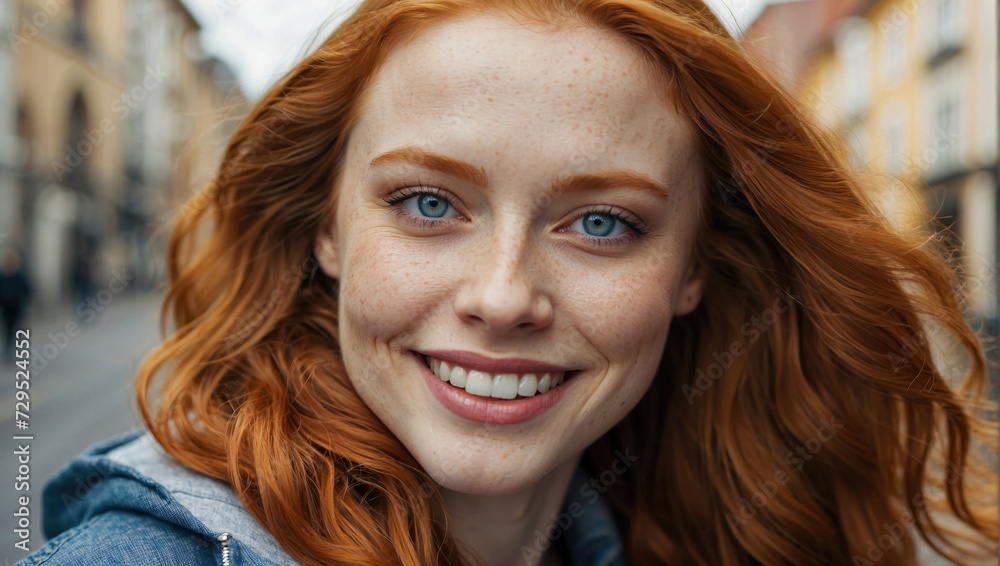 Fototapeta premium Close-up selfie of a young woman with vibrant red hair and blue eyes on a city street.