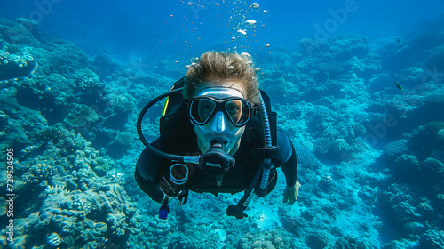 Diver swimming through the coral reef generative ai