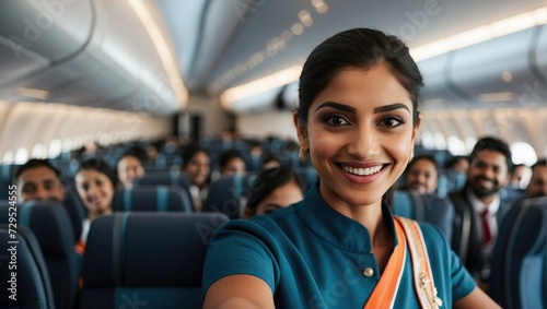Smiling Indian flight attendant takes a selfie with passengers in the background on an airplane.