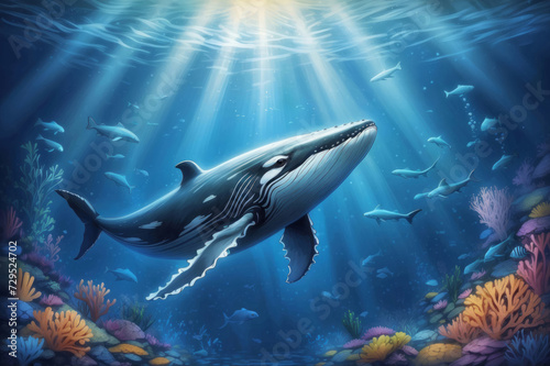 Big blue Humpback whale swims under the water.Awesome underwater beauty scene with rays of light.Cartoon sketch style © Andrey Myagkov