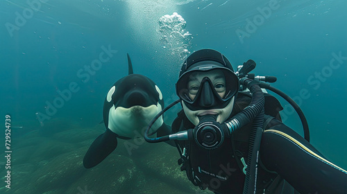 Diver swimming with orca generative ai