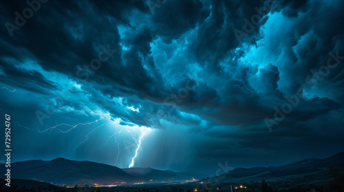 A dynamic view of a lightning strike illuminating a dark stormy sky over a mountain range.