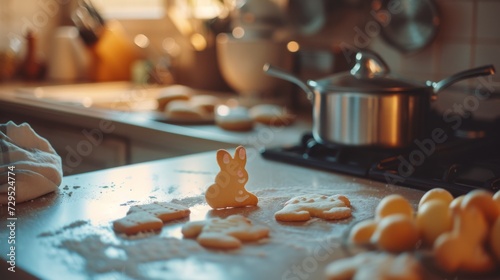 baking easter cookies in the shape of a bunny in the kitchen