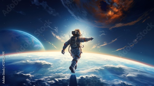 An astronaut is floating in space between two planets. The astronaut is dressed in a spacesuit and is looking towards the right.