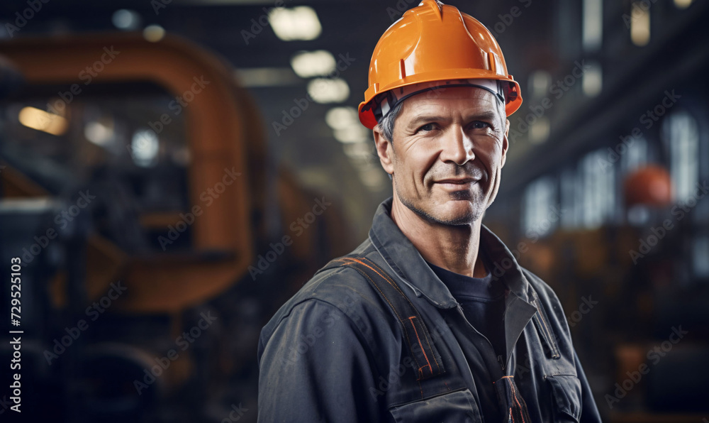 Professional heavy industry engineer in work uniform and helmet. Industrial specialist walking in metal fabrication warehouse.