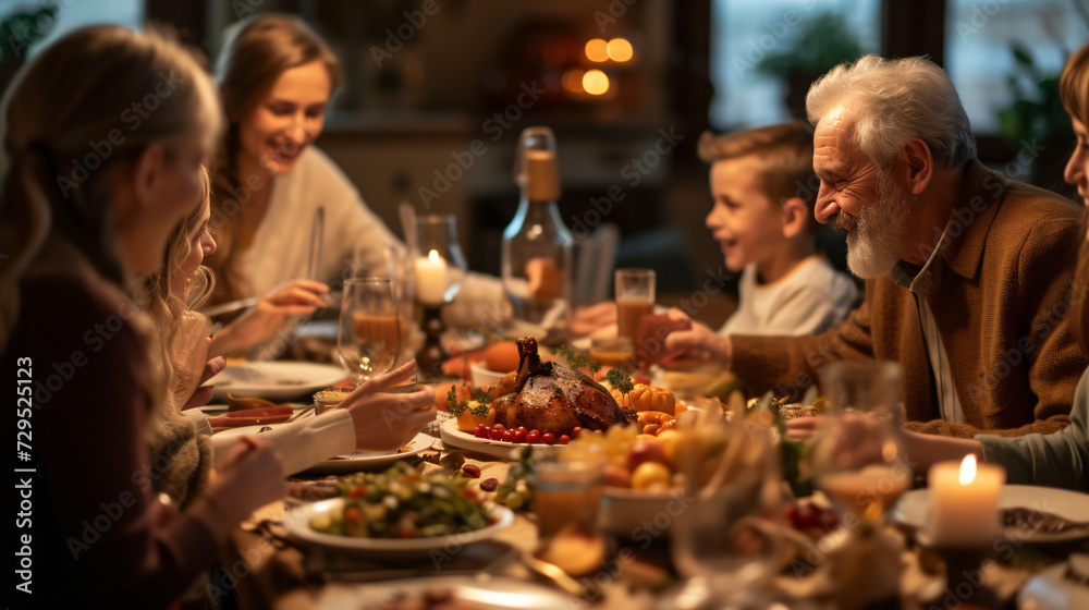 A family gathering around a table laden with homemade dishes sharing stories and laughter emphasizing togetherness.