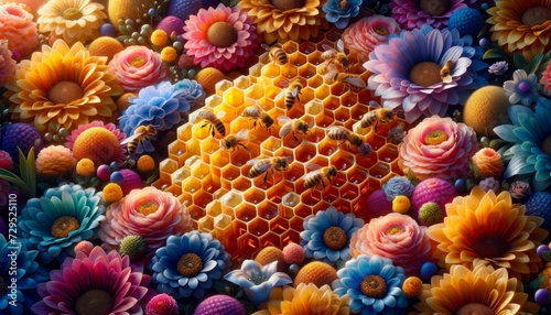 Vivid wildflowers surrounding a piece of honeycomb in the sunlight, showcasing nature's bounty.
