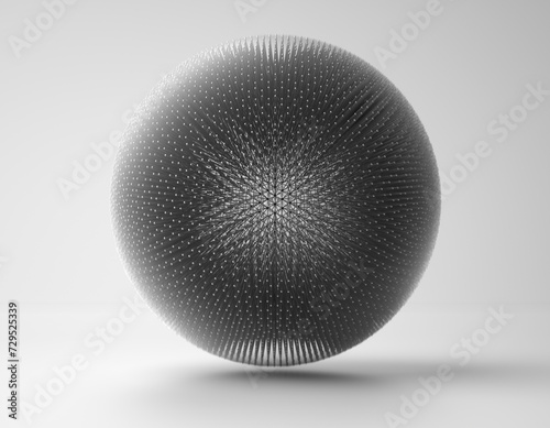 3d render monochrome black and white abstract art with surreal transparent plastic ball sphere with atomic molecular fractal wire structure inside in aluminium metal material on light grey background