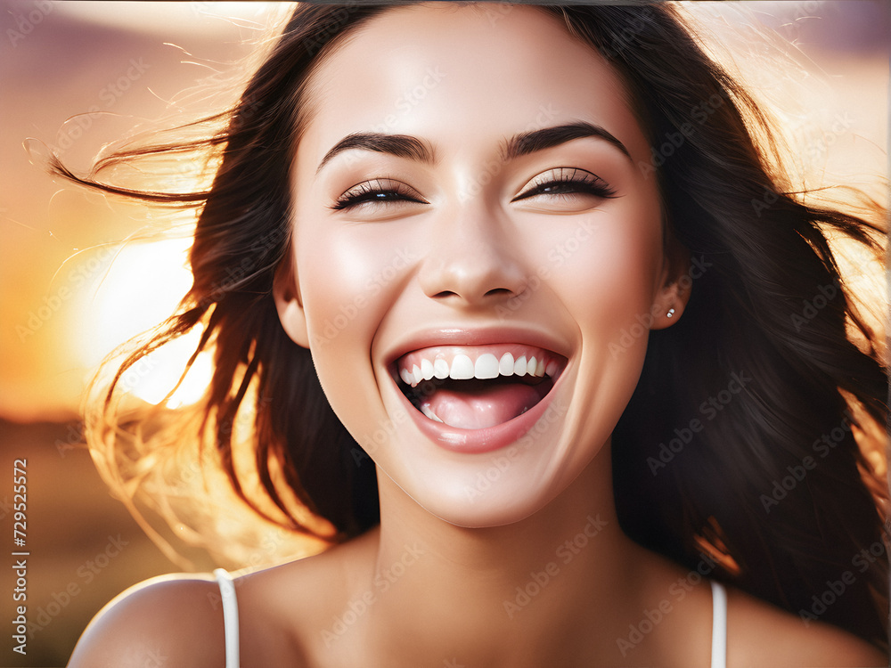 Beautiful woman smiles and laughs. Euphoric bliss: real laughter caught in time. generative AI Beautiful woman smiles and laughs. Euphoric bliss: real laughter caught in time. generative AI