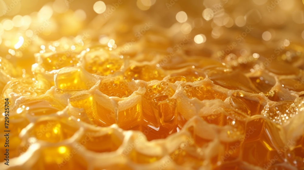 Glistening honeycomb cells filled with golden honey in close-up, reflecting sunlight.