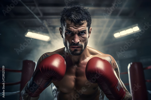 Portrait of boxer in red boxing gloves on dark gym background - Ai Generated